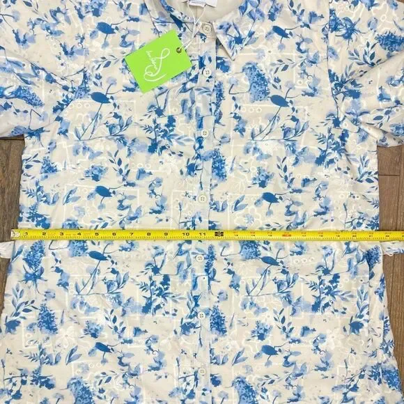 Sam Edelman Floral Embroidered Eyelet Puff Sleeve Mini Shirtdress White Blue, 14 - Picture 10 of 13